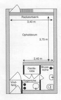 1-plans bolig med opholdsrum, bad, toilet, kogeniche, garderobe, og et lille vindfang. Fra opholdsrum er der udgang til fælleshave. Lejemålet må kun beboes af én person. Boligerne er beliggende i stue-etagen i boligblokkene.